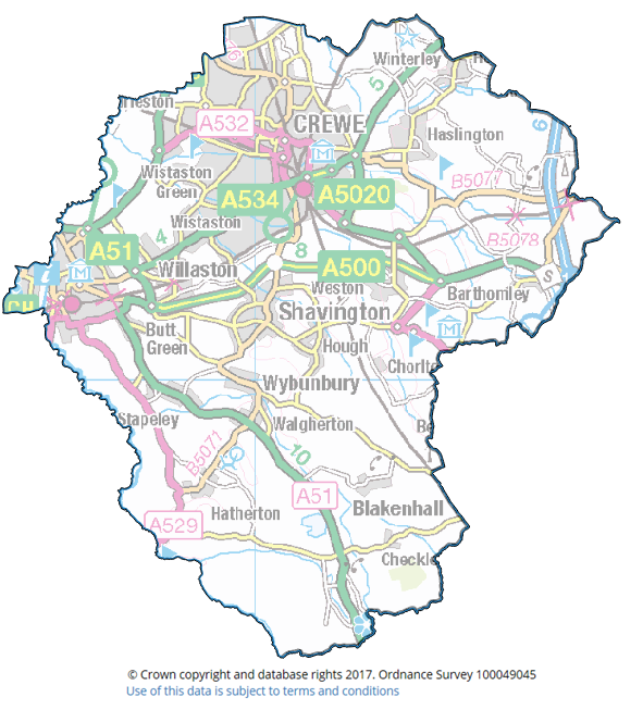Crewe and Nantwich Constituency i. "You are granted a non-exclusive, royalty free, revocable licence solely to view the Licensed Data for non-commercial purposes for the period during which Cheshire East Council makes it available; ii. you are not permitted to copy, sub-licence, distribute, sell or otherwise make available the Licensed Data to third parties in any form; and iii. third party rights to enforce the terms of this licence shall be reserved to Ordnance Survey"