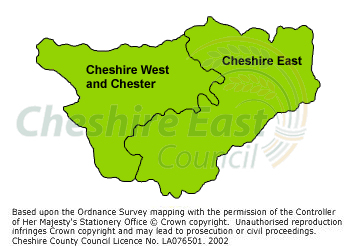 Cheshire map showing the boundaries of Cheshire East Council and Cheshire West and Chester Council