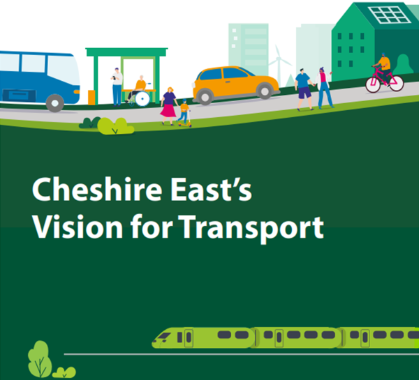 Vision for transport front cover showing pedestrians, a cyclist, a wheelchair user, a bus, a train and a car