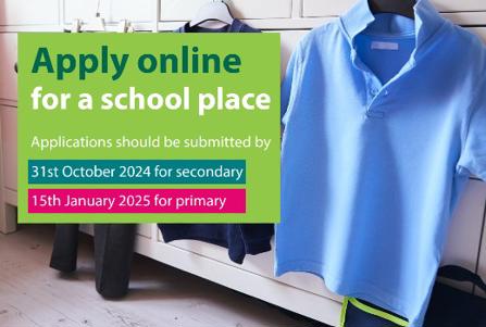 School uniform hanging on a chest of drawers. Text reads 'Apply online for a school place. Applications should be submitted by 31 October 2024 for secondary. 15 January 2025 for primary'