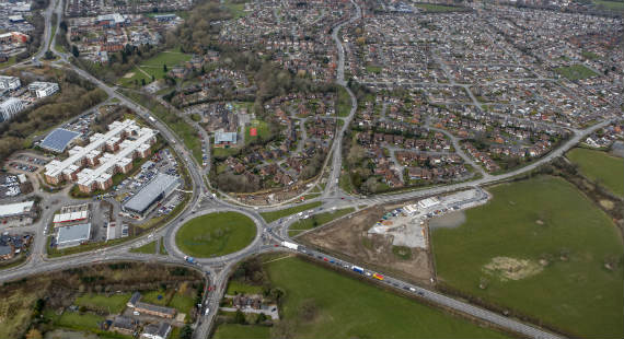 An aerial shot of the Crewe Green Roundabout works