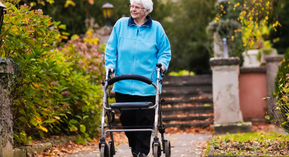 Elderly woman walking with frame on wheels 570 x 310