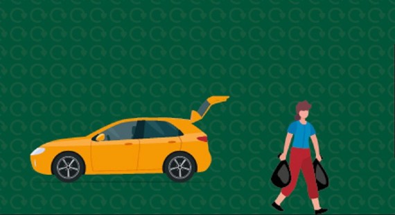 A graphic of a woman carrying black bags from the boot of her yellow car