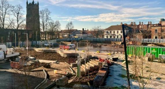 Construction work ongoing in the cultural and civic area of the town centre. Christ Church is seen in the background.